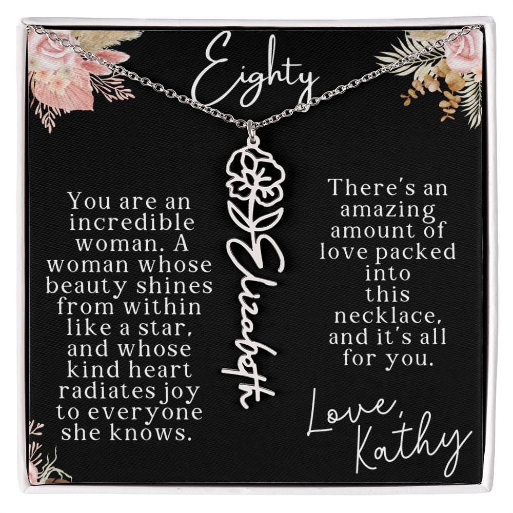 80th tropical card with name necklace