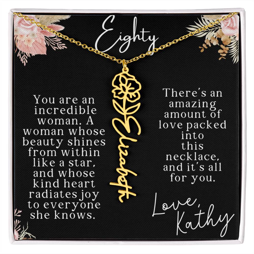 80th tropical card with name necklace