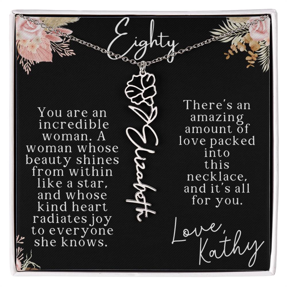 80th tropical card with name necklace