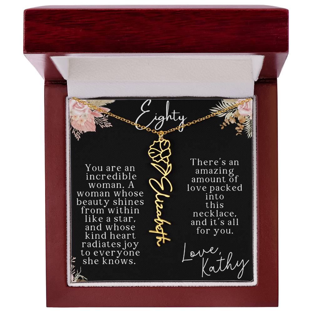 80th tropical card with name necklace