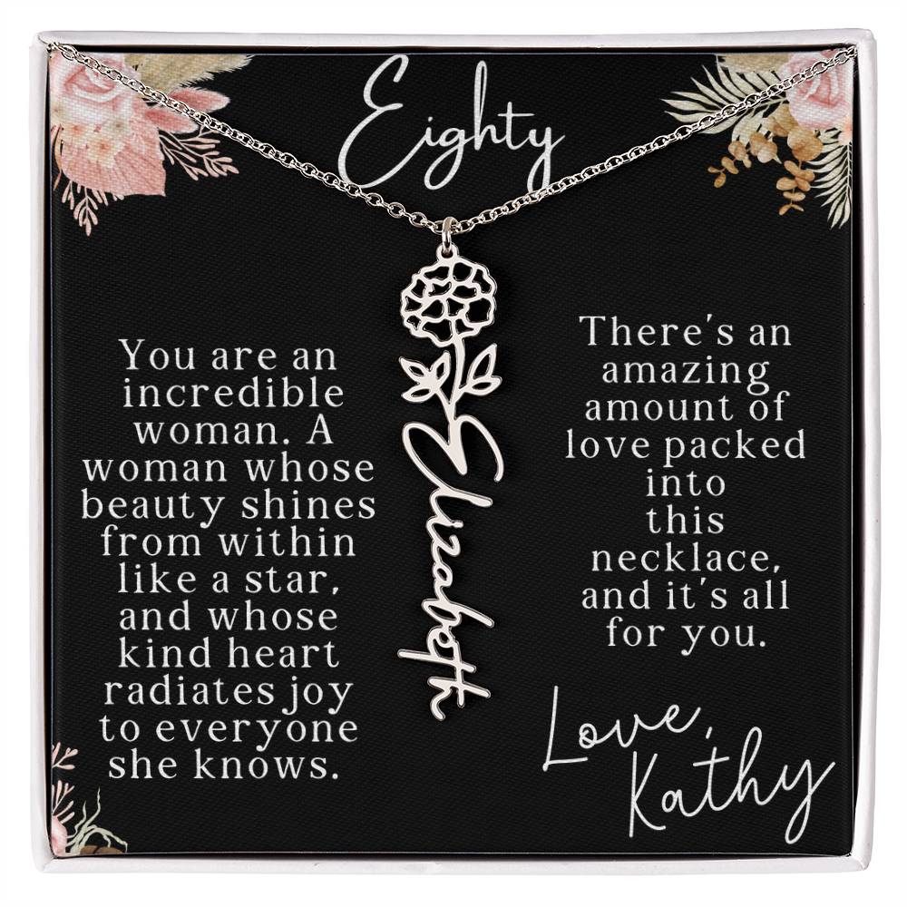 80th tropical card with name necklace