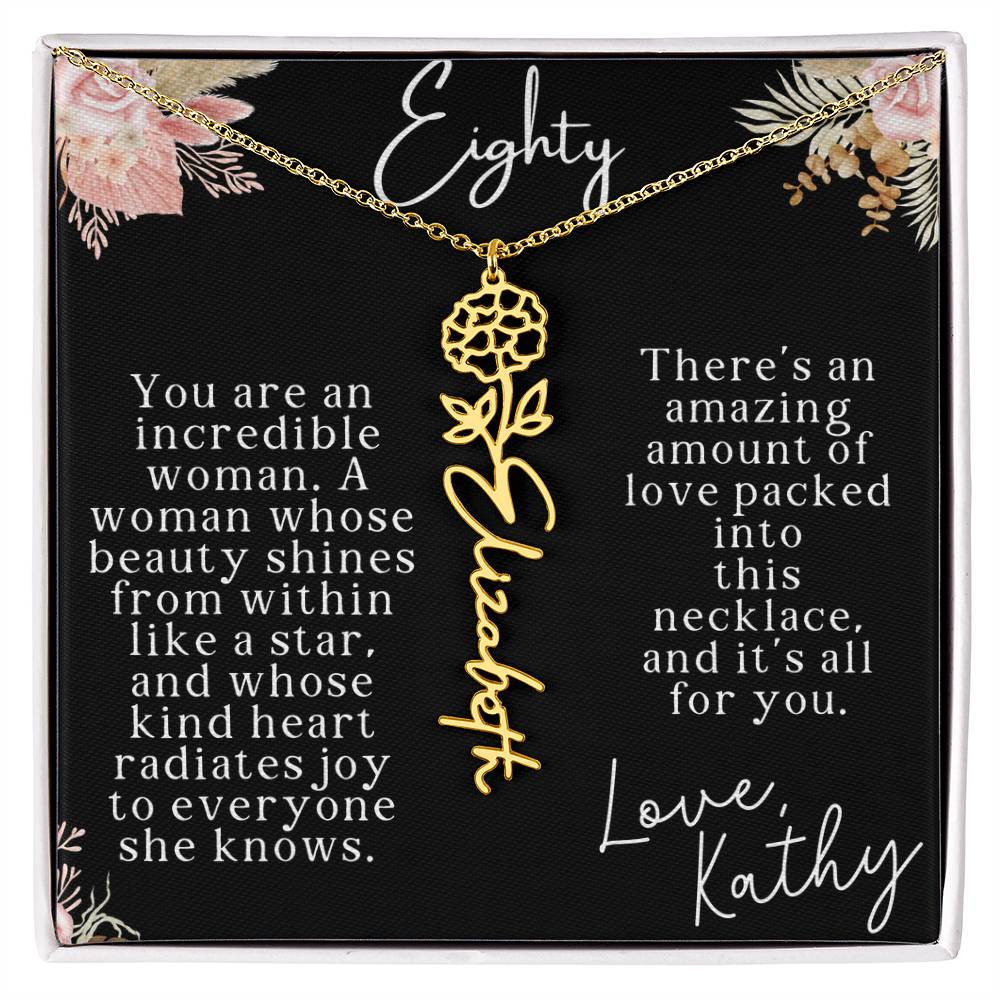 80th tropical card with name necklace