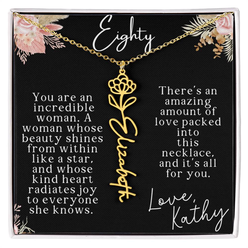 80th tropical card with name necklace