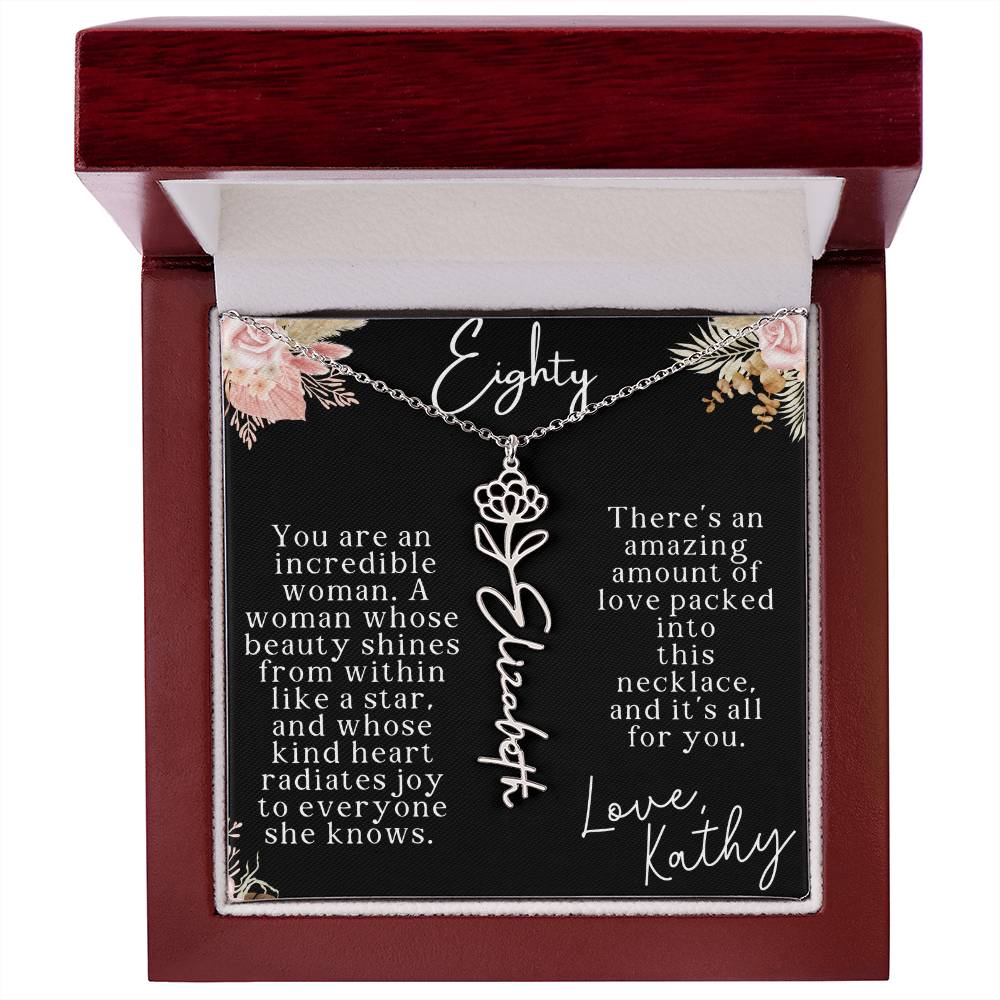 80th tropical card with name necklace