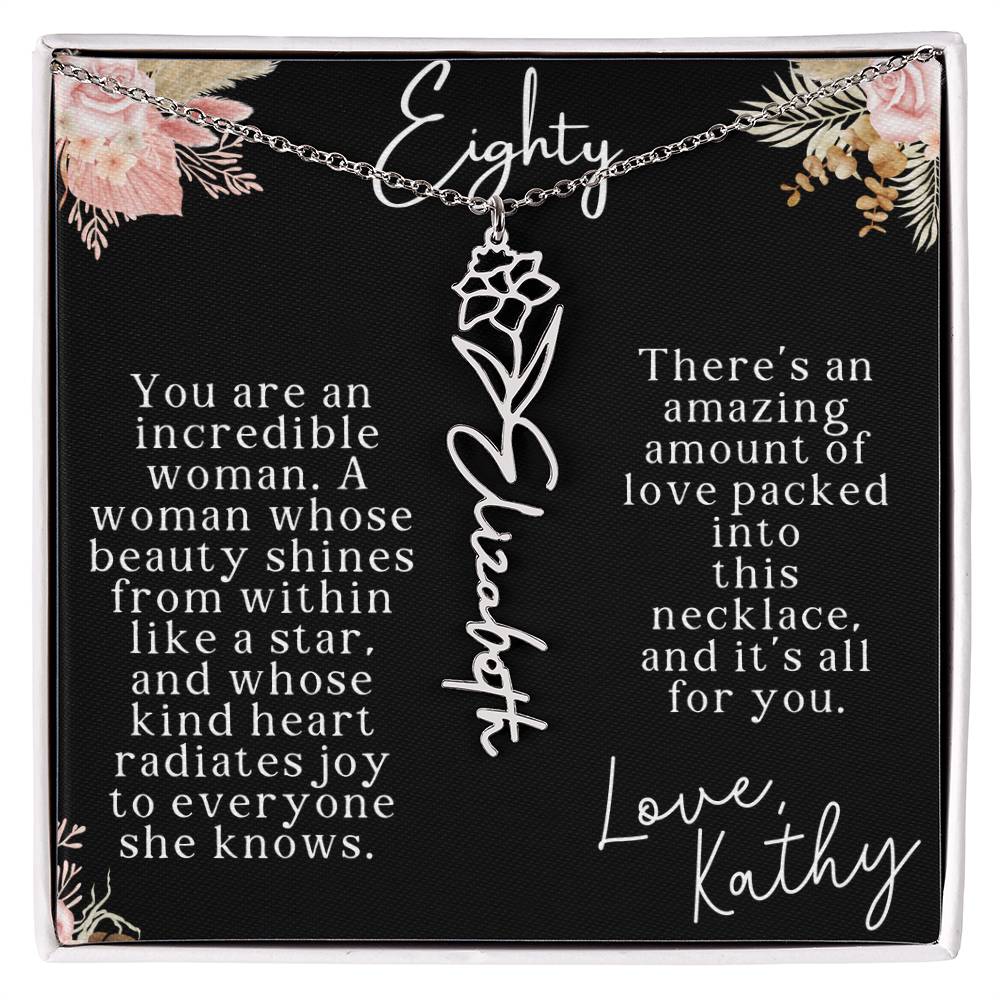 80th tropical card with name necklace