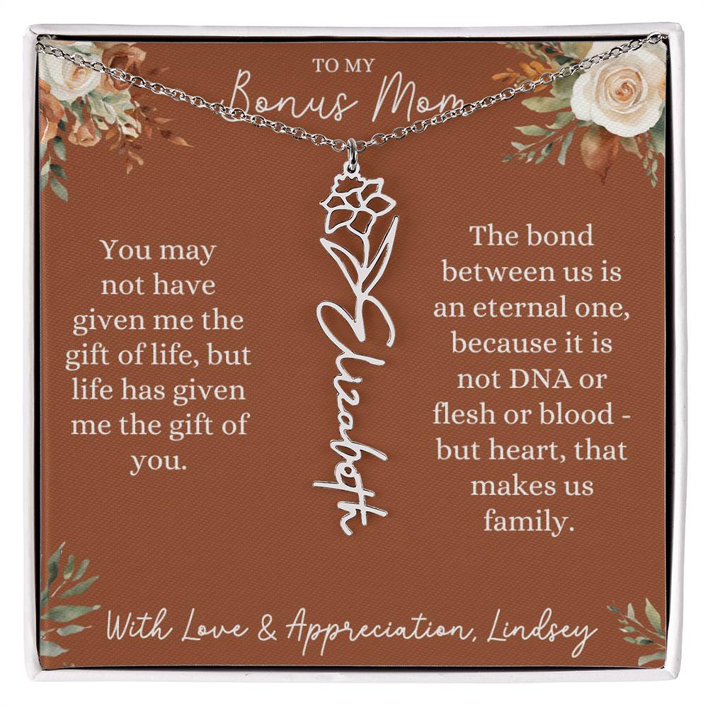 Rust and Ivory Bonus Mom Name Necklace with Birth Flower