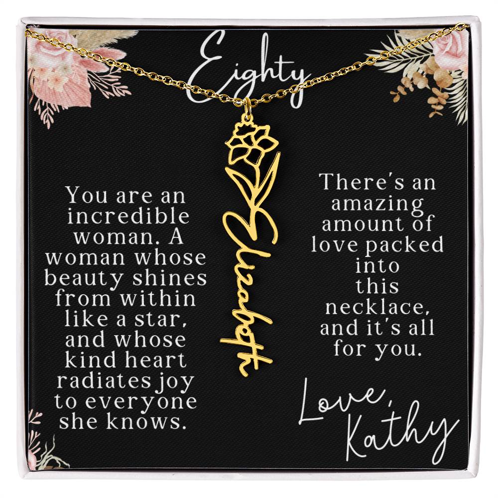 80th tropical card with name necklace