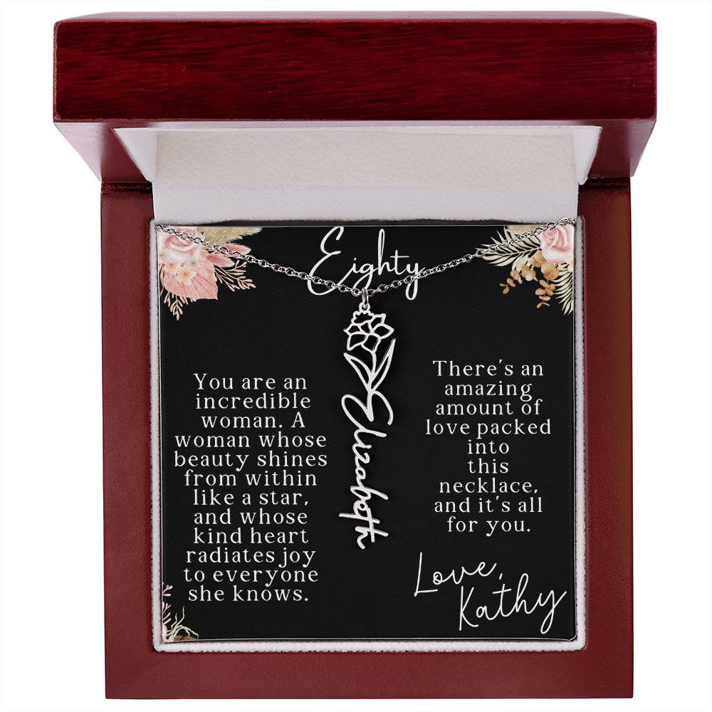 80th tropical card with name necklace