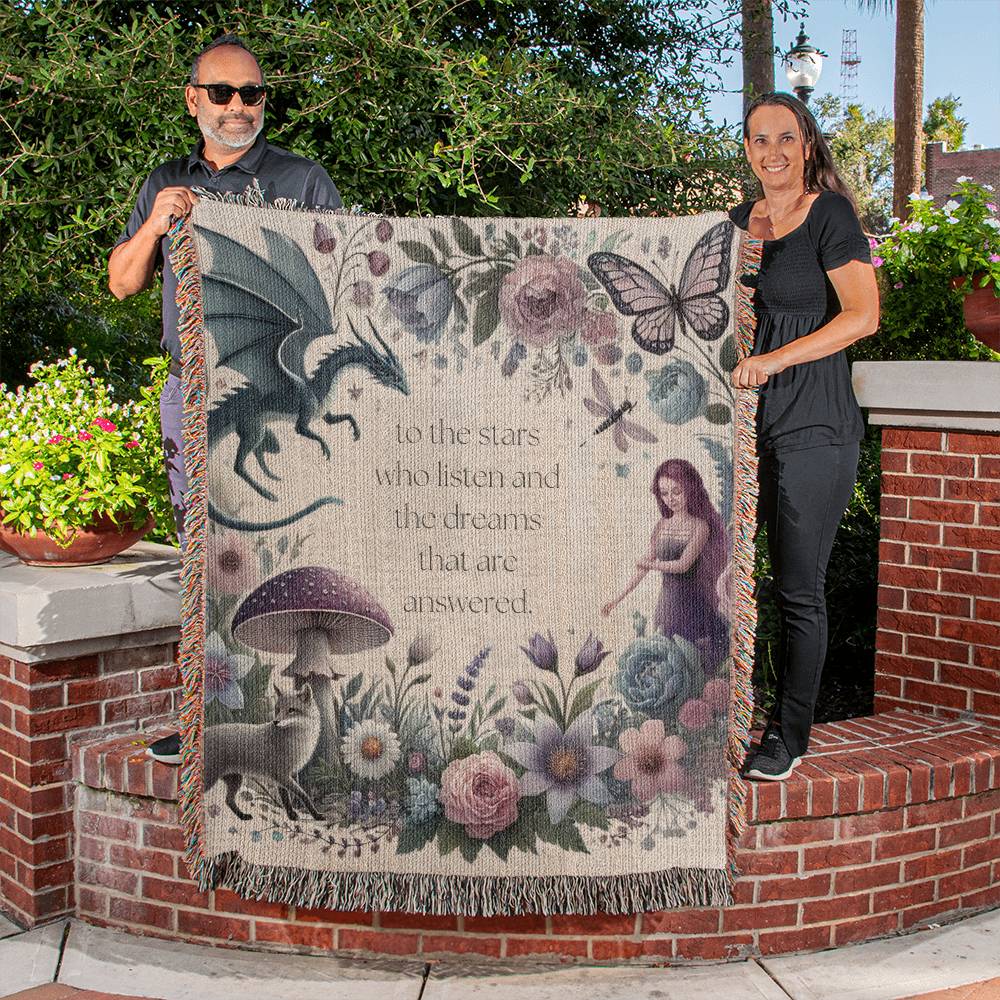 Heirloom Woven Blanket - Romantasy Fantasy Design with ACOTAR Fairies, Dragons, and Floral Motifs Gift for Reader Bookstagram Merch