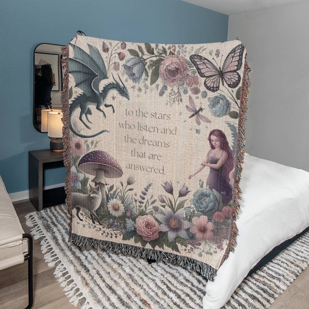 Heirloom Woven Blanket - Romantasy Fantasy Design with ACOTAR Fairies, Dragons, and Floral Motifs Gift for Reader Bookstagram Merch
