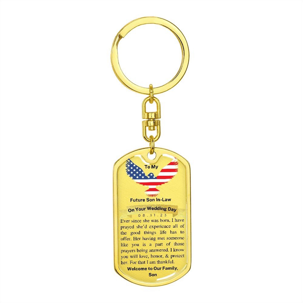 Day of Wedding Gift for Future Son in Law, Dog Tag Keychain, Personalized with Wedding Date, From Father of the Bride, Gift from Dad to Son