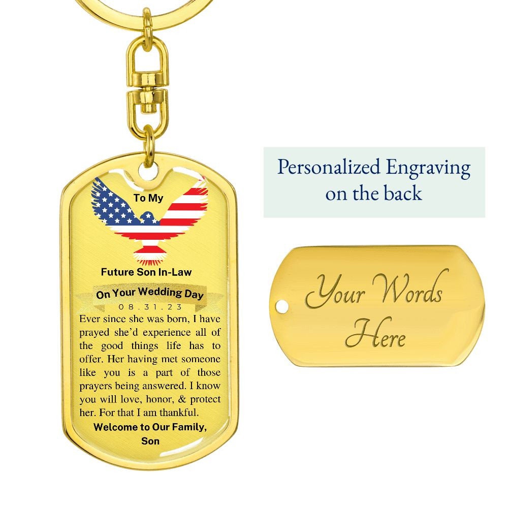 Day of Wedding Gift for Future Son in Law, Dog Tag Keychain, Personalized with Wedding Date, From Father of the Bride, Gift from Dad to Son