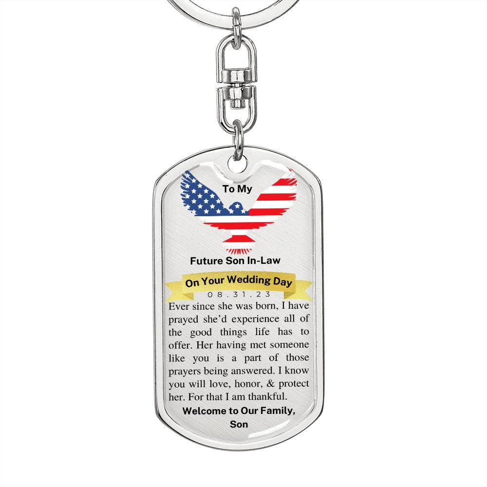 Day of Wedding Gift for Future Son in Law, Dog Tag Keychain, Personalized with Wedding Date, From Father of the Bride, Gift from Dad to Son