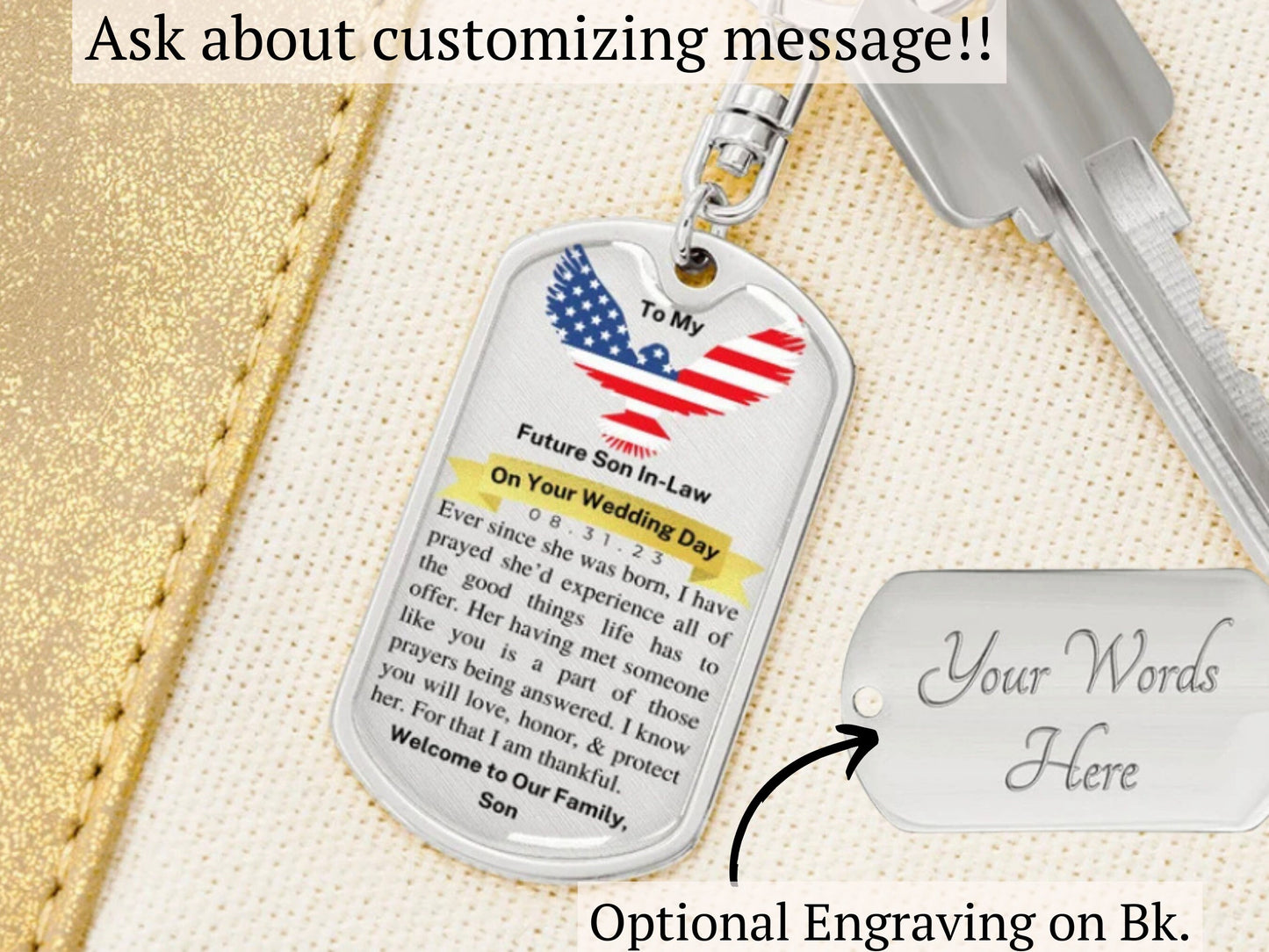 Day of Wedding Gift for Future Son in Law, Dog Tag Keychain, Personalized with Wedding Date, From Father of the Bride, Gift from Dad to Son
