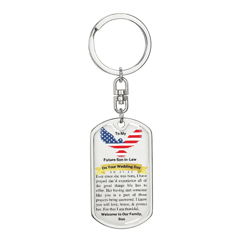 Day of Wedding Gift for Future Son in Law, Dog Tag Keychain, Personalized with Wedding Date, From Father of the Bride, Gift from Dad to Son