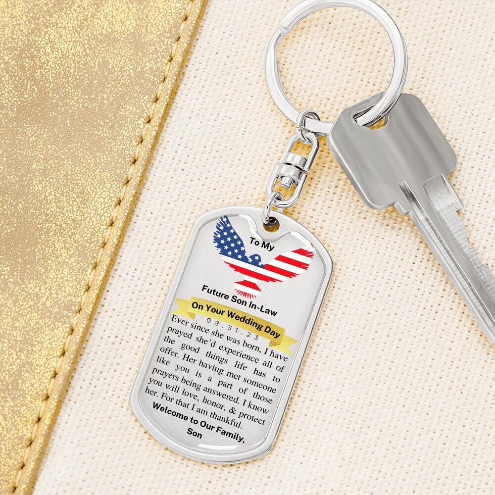 Day of Wedding Gift for Future Son in Law, Dog Tag Keychain, Personalized with Wedding Date, From Father of the Bride, Gift from Dad to Son