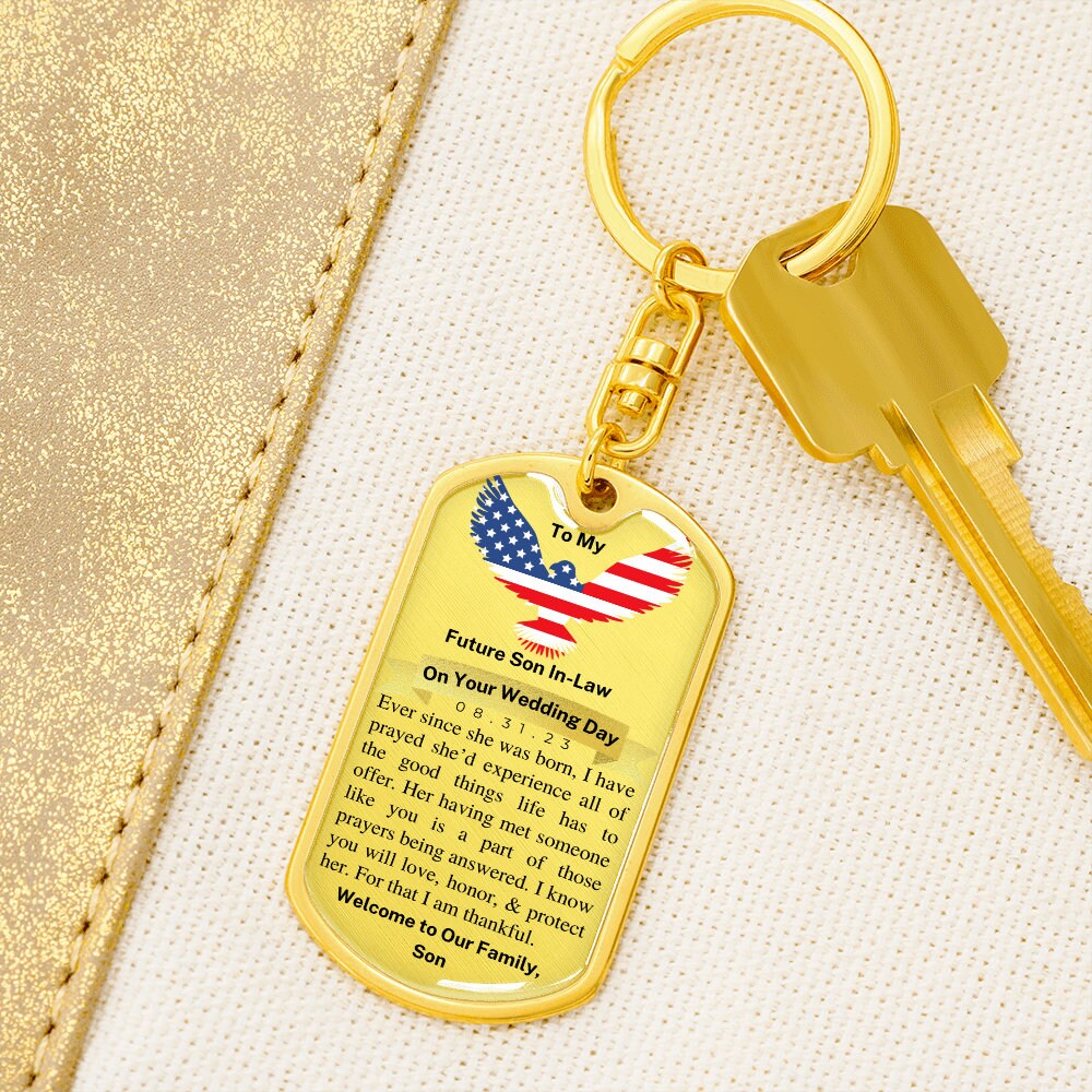 Day of Wedding Gift for Future Son in Law, Dog Tag Keychain, Personalized with Wedding Date, From Father of the Bride, Gift from Dad to Son