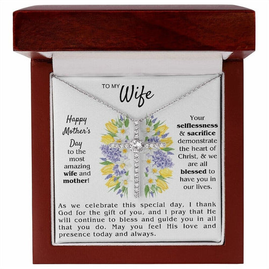 Christian Mothers Day Gift -  White Gold Pave across Necklace with Message Card for Wife and Mother