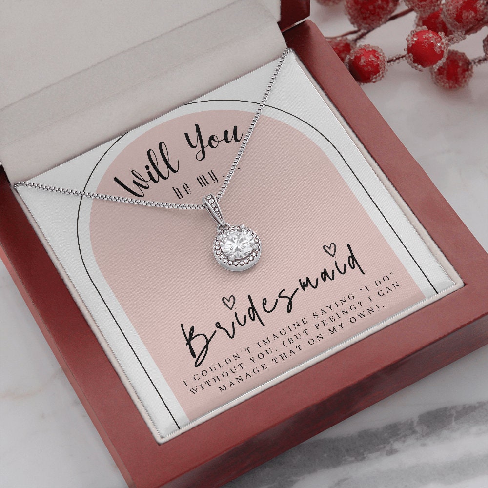 Bridesmaid Proposal Box w/ Necklace on Pink Background