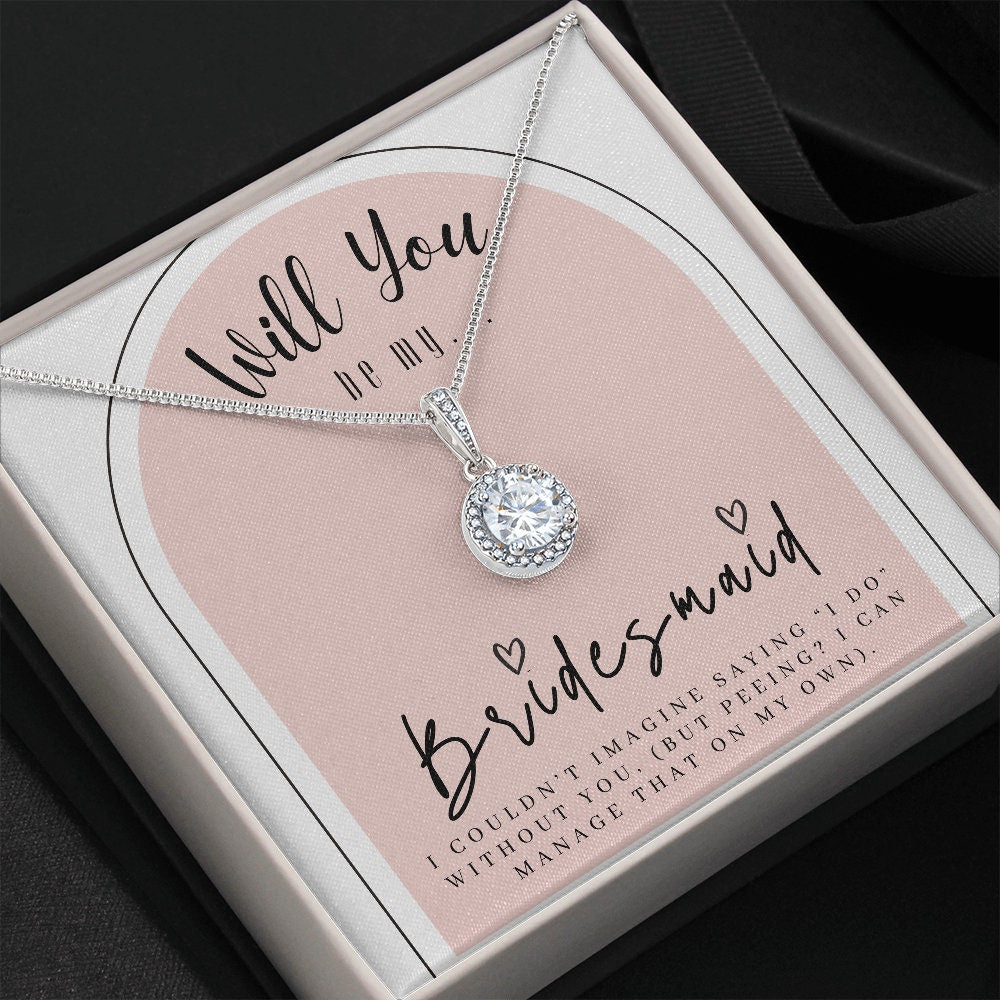 Bridesmaid Proposal Box w/ Necklace on Pink Background