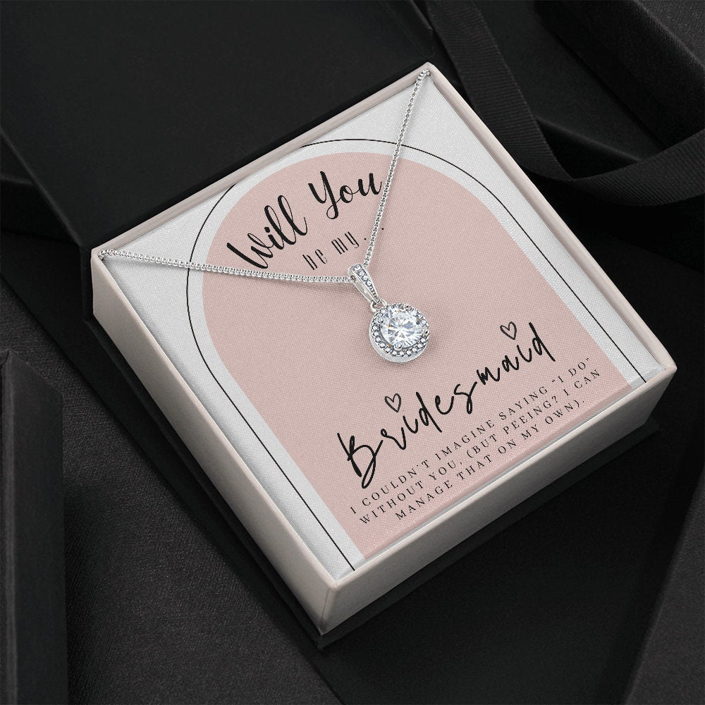 Bridesmaid Proposal Box w/ Necklace on Pink Background