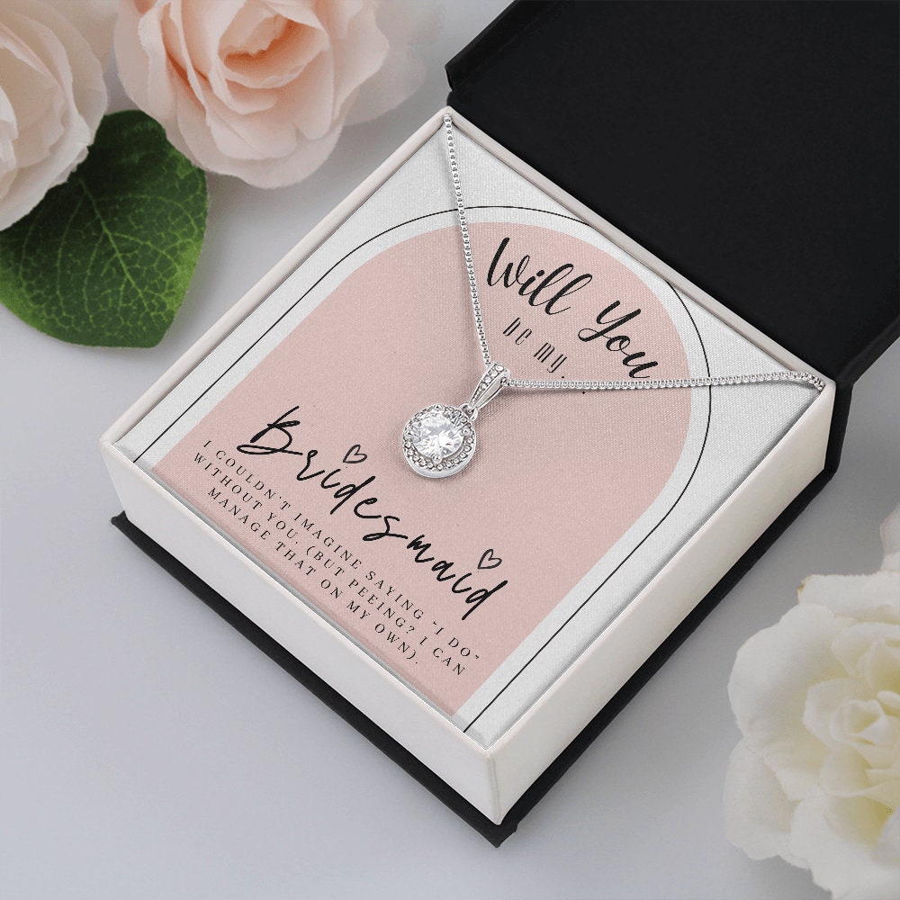 Bridesmaid Proposal Box w/ Necklace on Pink Background