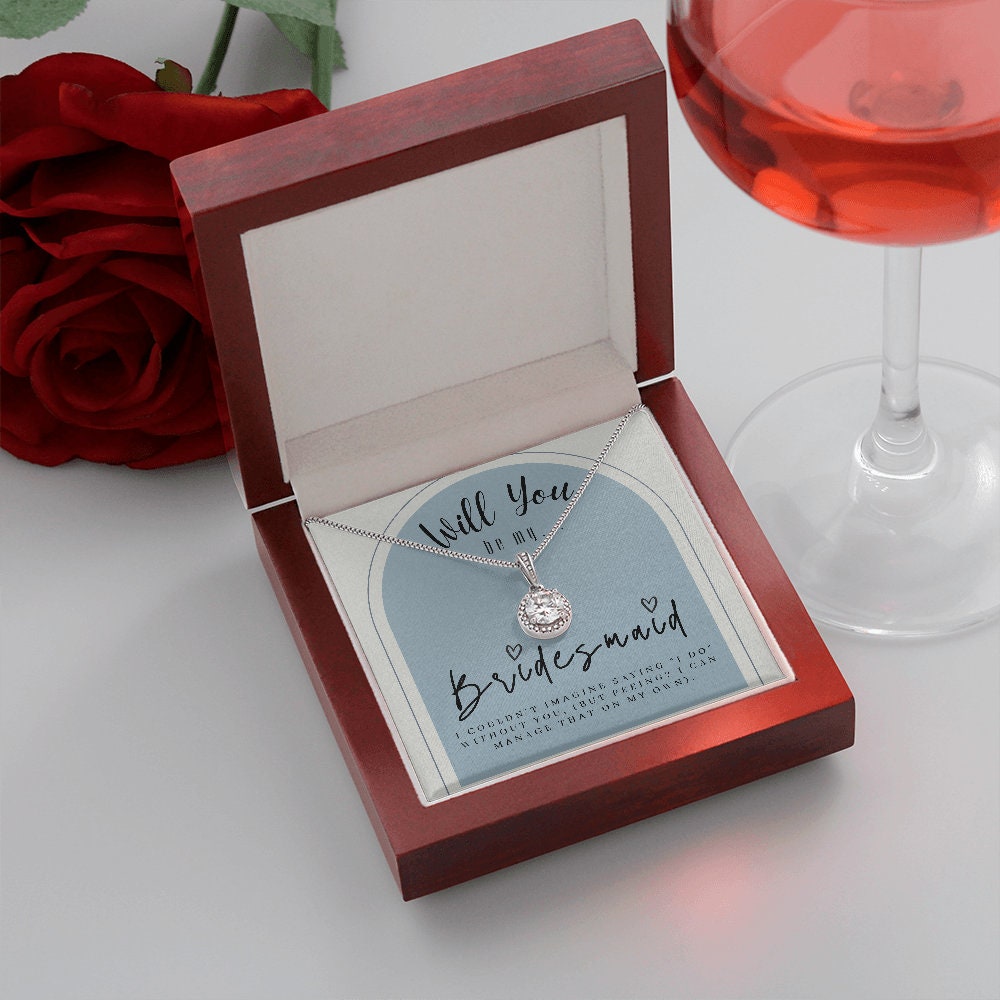 Bridesmaid Proposal Box with LeD light & Necklace on Dusty Blue Background