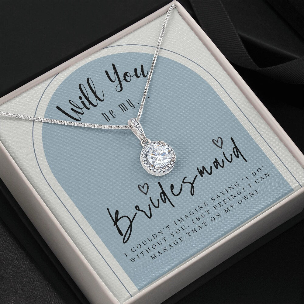 Bridesmaid Proposal Box with LeD light & Necklace on Dusty Blue Background