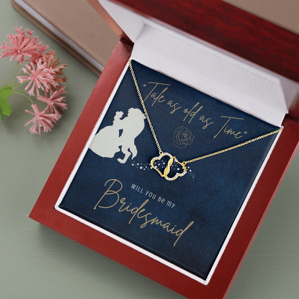 Solid Gold and Diamond Beauty and the Beast Bridesmaid Proposal Necklace