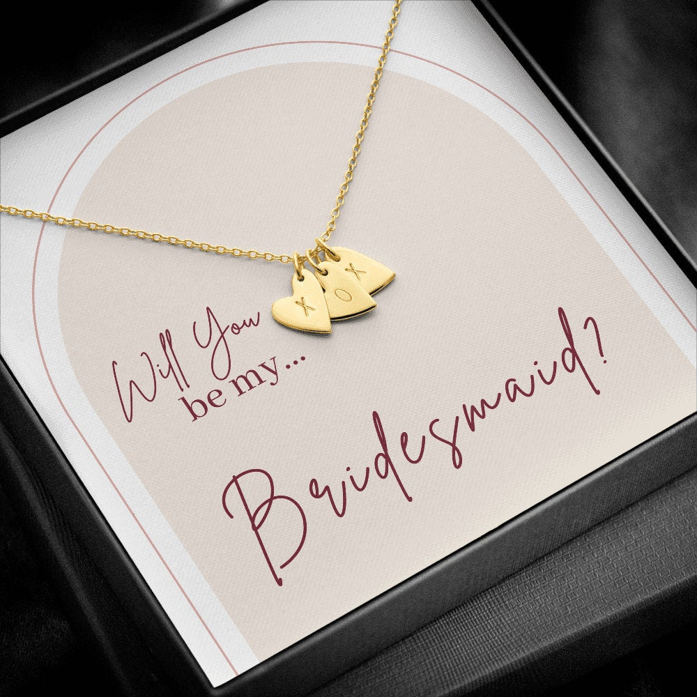 Will You be My Bridesmaid Proposal Necklaces with Heart Monogram in LED Lit Wood Box