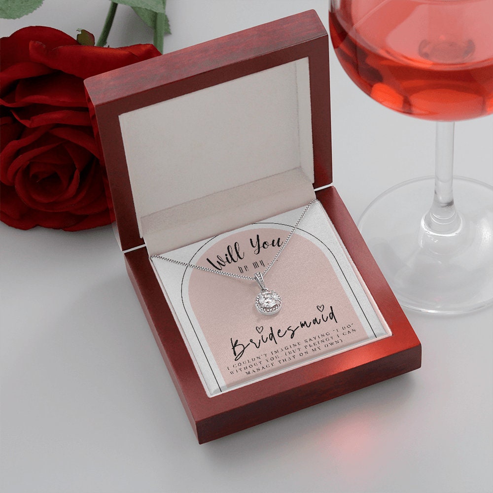 Bridesmaid Proposal Box w/ Necklace on Pink Background