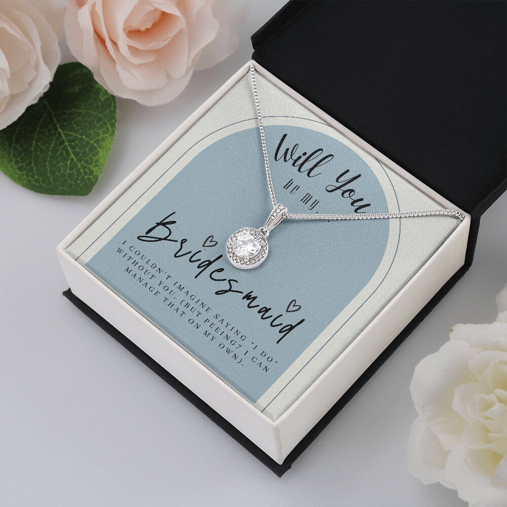 Bridesmaid Proposal Box with LeD light & Necklace on Dusty Blue Background