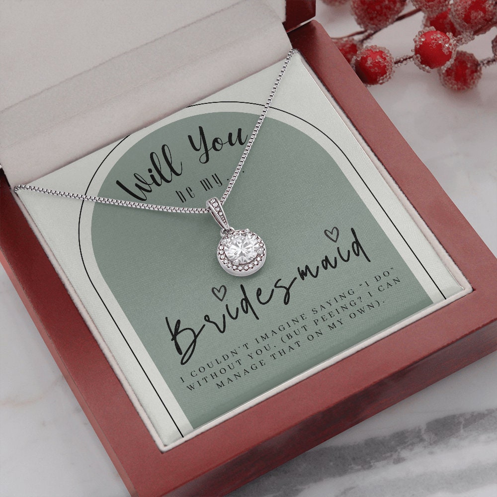 Wood Bridesmaid Proposal Box w/ LeD Light & Necklace on Sage Background